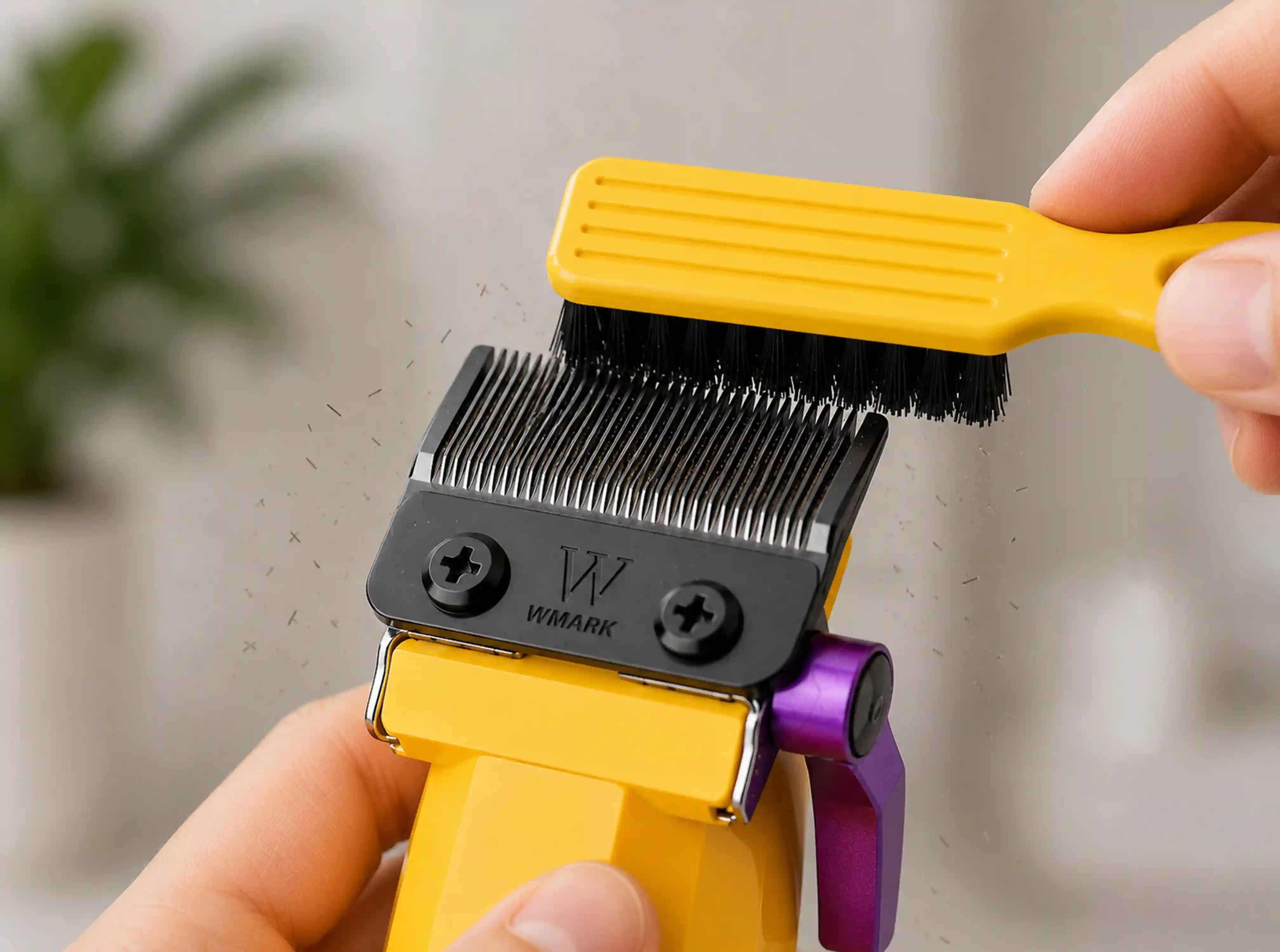 Brushing away hair after each customer helps keep the blade system clean and efficient