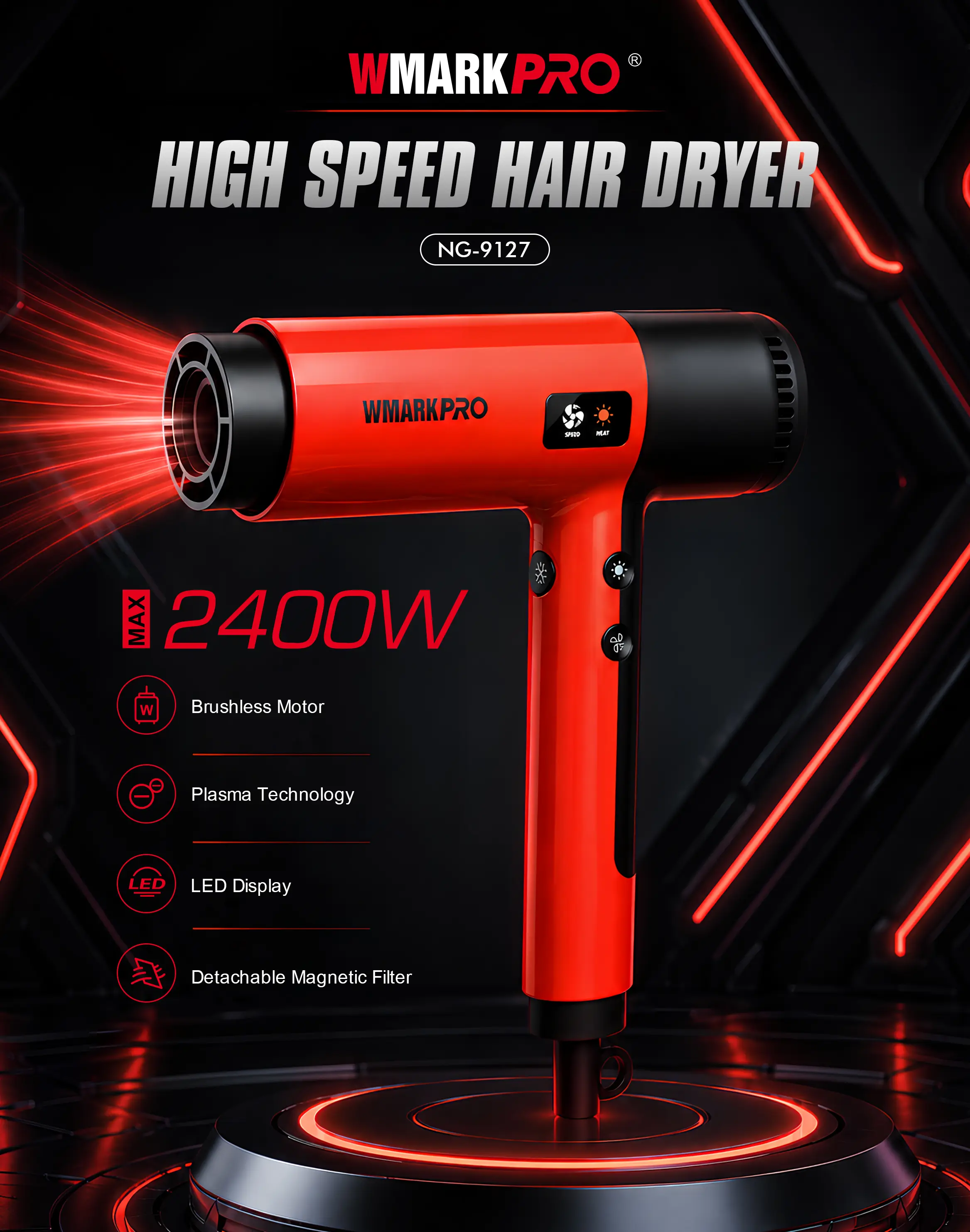 WMARK PRO High Speed Hair Dryer Red NG-9127