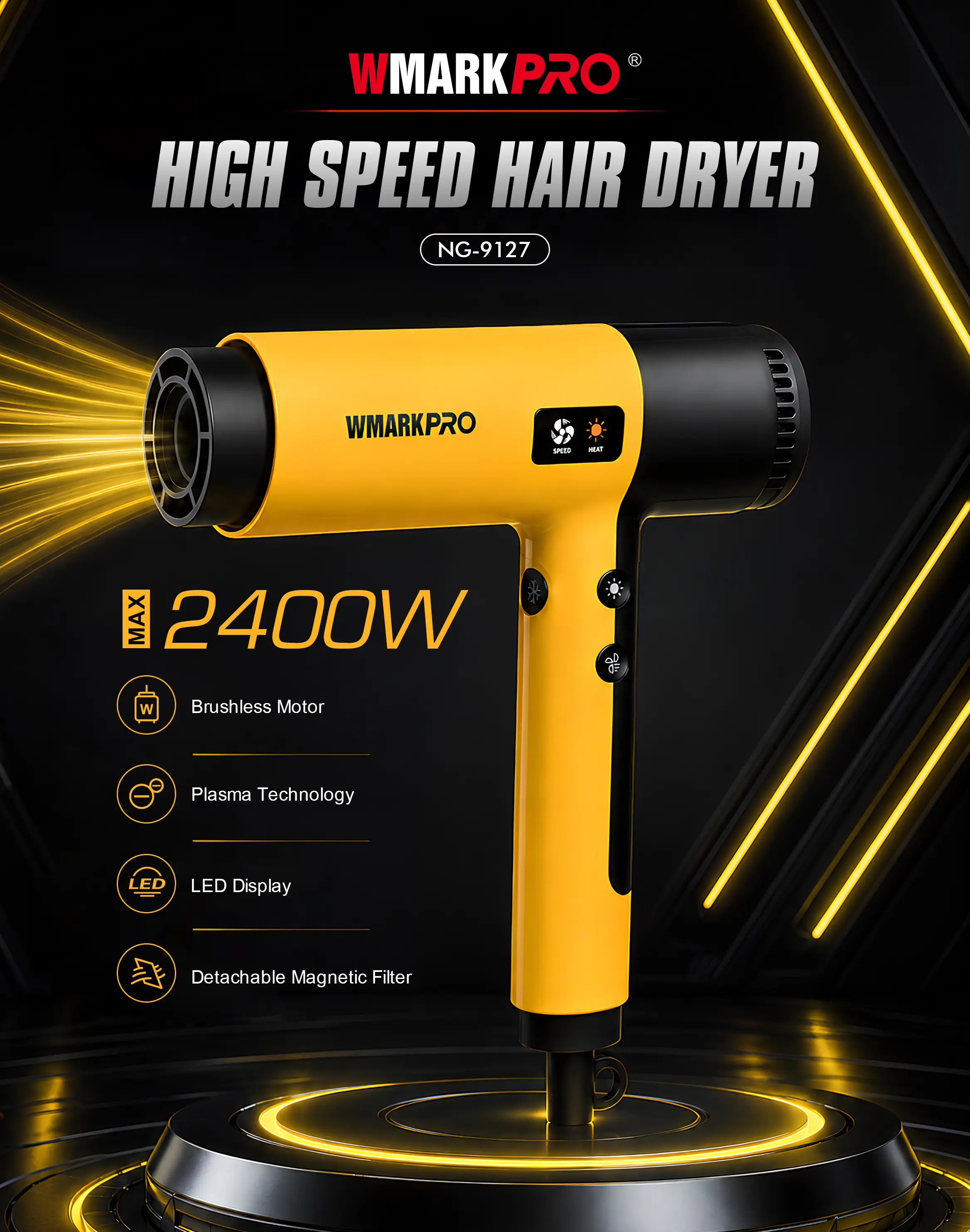 WMARK PRO High Speed Hair Dryer Yellow NG-9127
