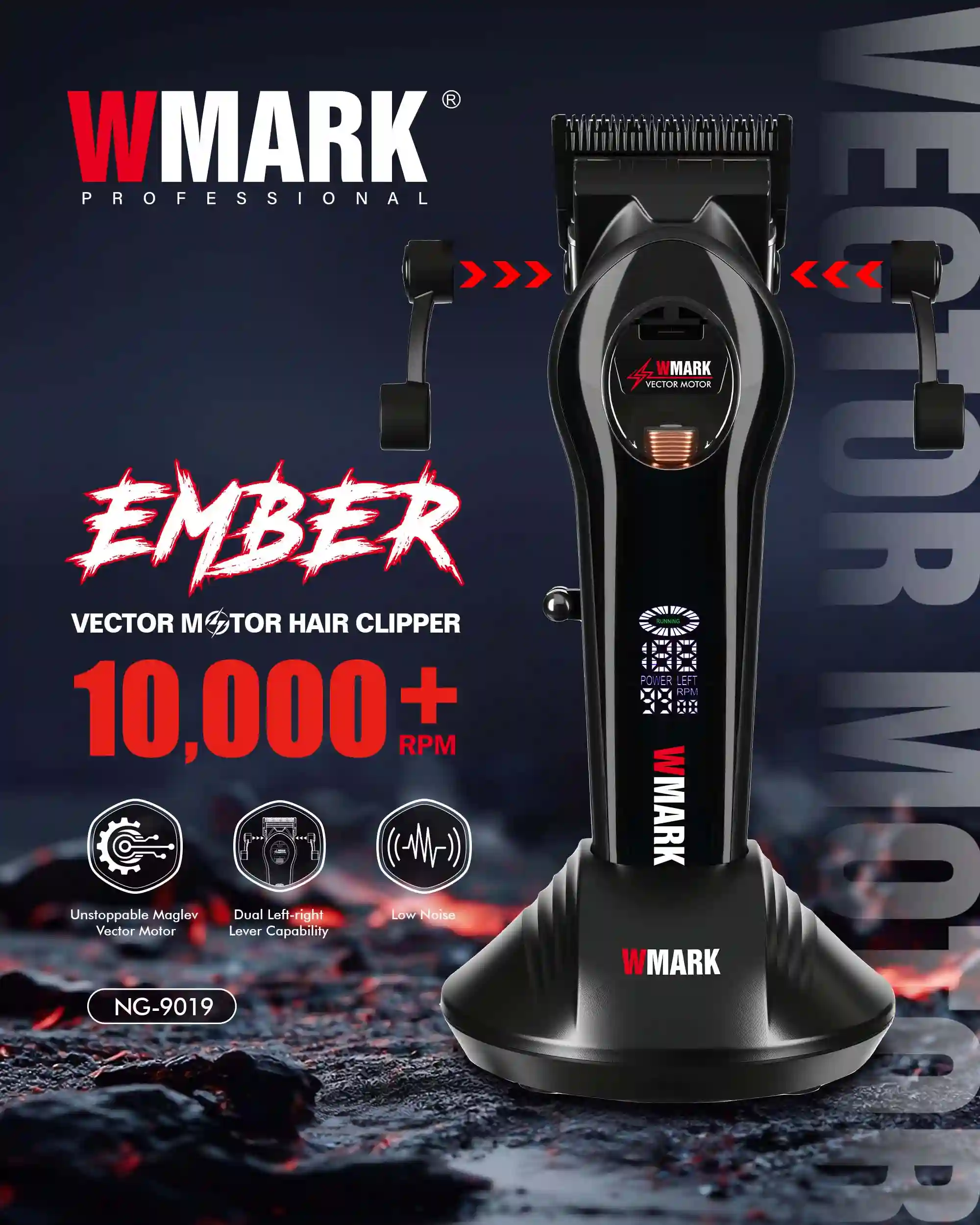 WMARK NG-9019 hair clipper kit with charging base, six magnetic guide combs and grooming accessories