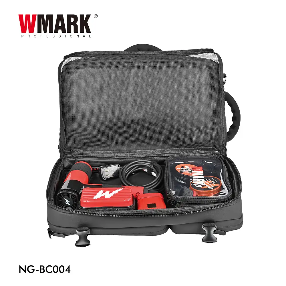 Barber tool bag storing hair dryers_ clippers and accessories