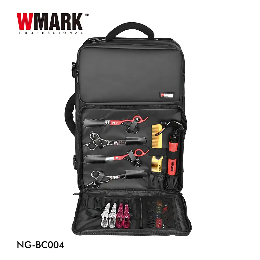 Barber travel bag with organized scissors and hairdressing tools