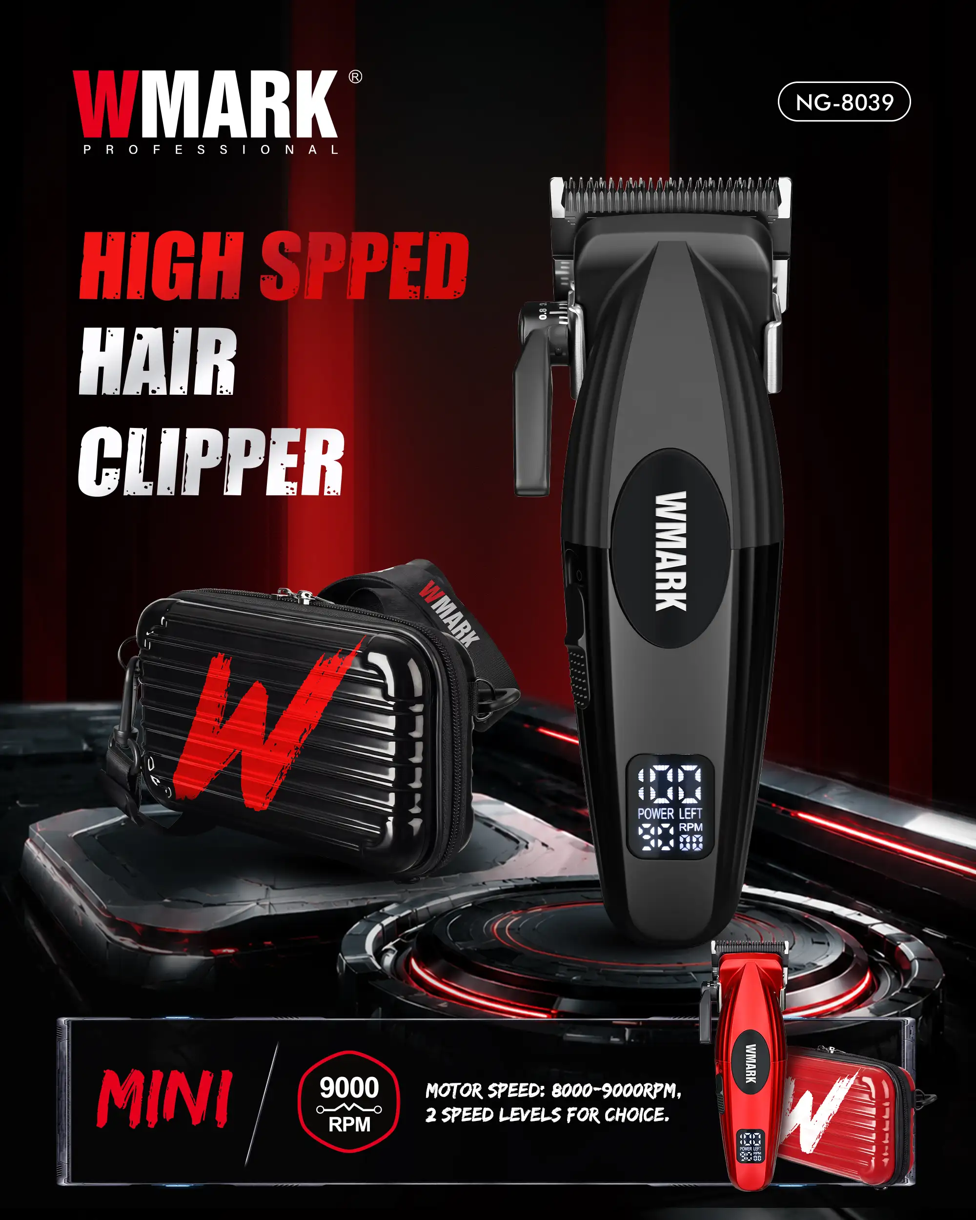 WMARK NG-8039 mini high-speed hair clipper with digital display and 9000 RPM motor