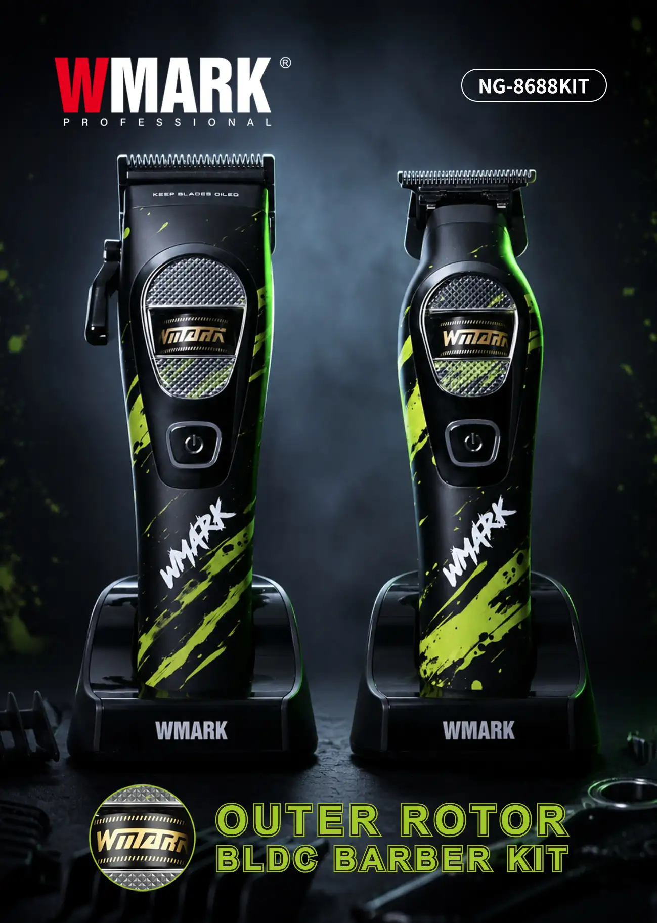 WMARK NG-8688 outer rotor brushless barber kit with cordless clipper, trimmer and charging stands