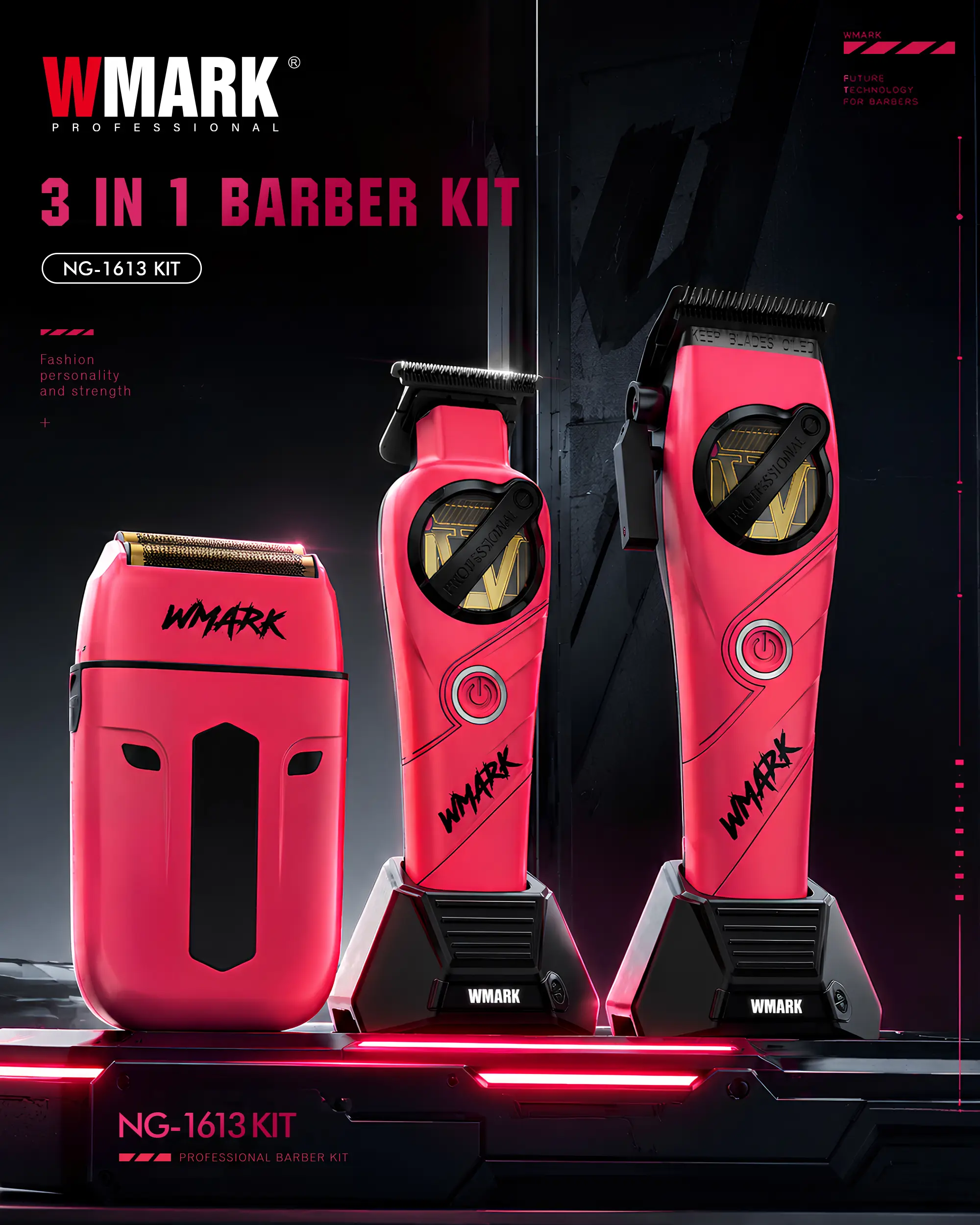 WMARK NG-1613 professional barber tools set featuring a hair clipper, detail trimmer and foil shaver in pink
